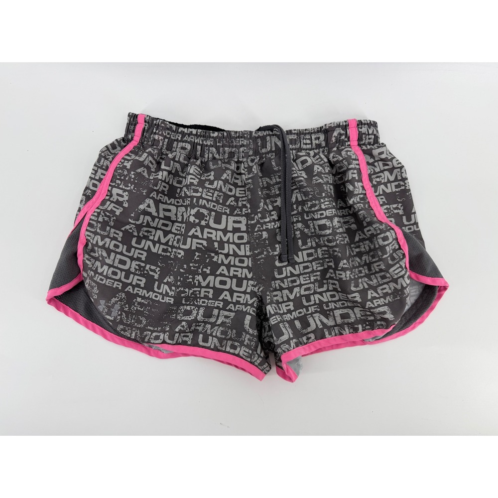Under Armour HeatGear Women Small Grey Pink Logo Print‎ Running Athletic Shorts